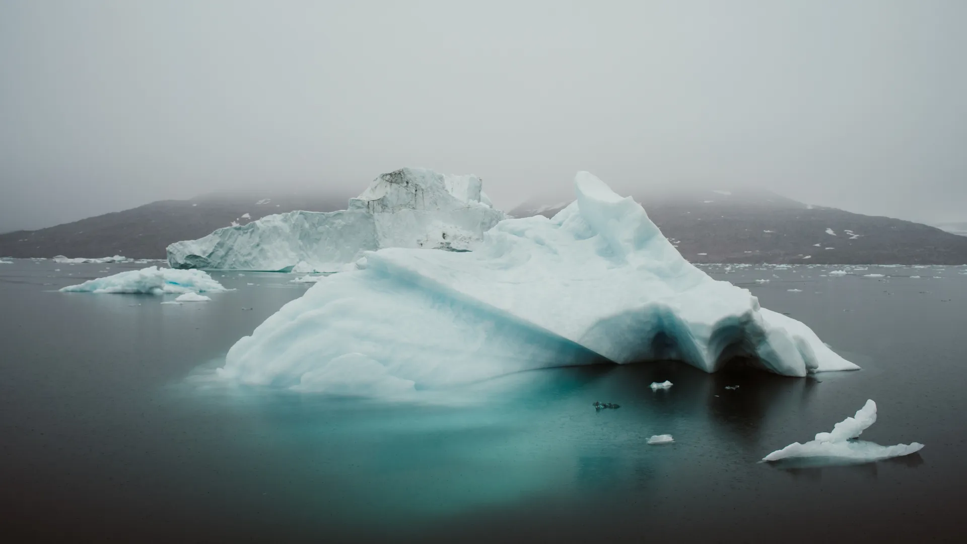 A solitary iceberg in still, dark water under heavy Arctic fog, its submerged base glowing turquoise beneath the surface